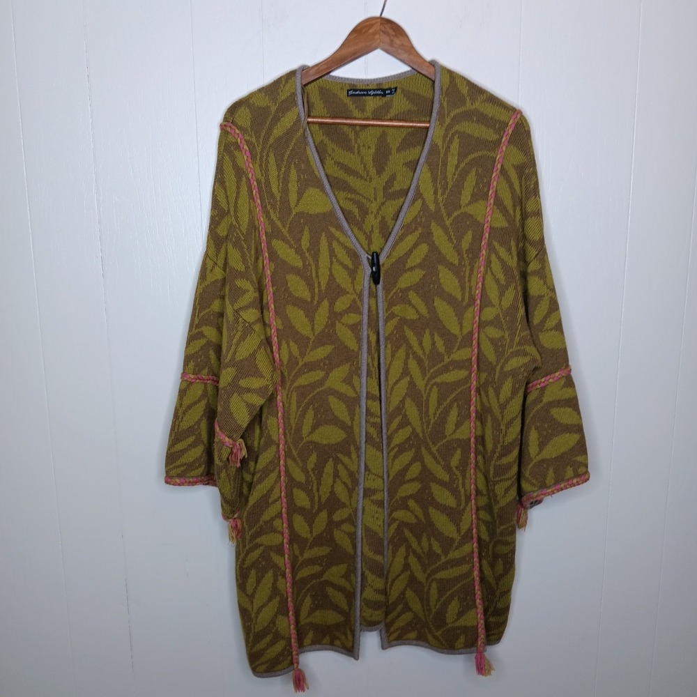 Gudrun Sjödén Long Jacket Women S/M Olive Green Leaf Overcoat Cotton Wool Blend